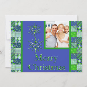 Carte photo de Noël à carreaux vert et bleu