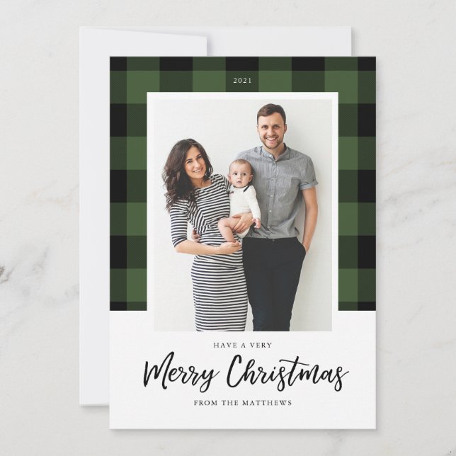 Carte photo de Noël à chèques de buffles vert et n (Devant)