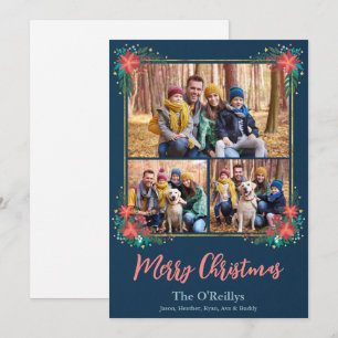 Carte photo de Noël Boho, cadre en or floral