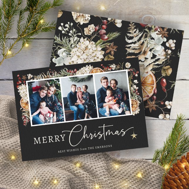 Carte Photo de Noël botanique rustique (Black Boho Rustic Botanical Christmas 3 Photos Holiday Card by Painted Paperie)