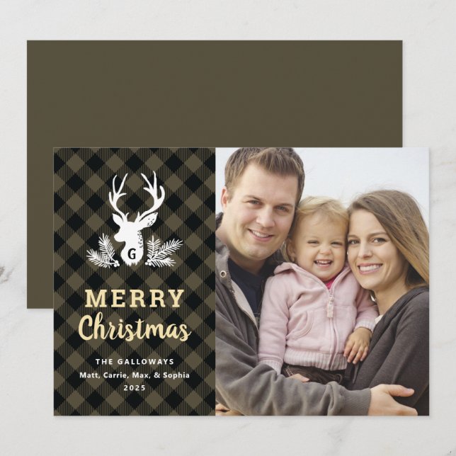 Carte photo de Noël Brown de Monogramme Plaid (Devant / Derrière)