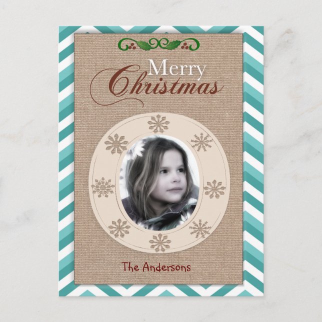 Carte photo de Noël Burlap et Aqua Chevron (Devant)