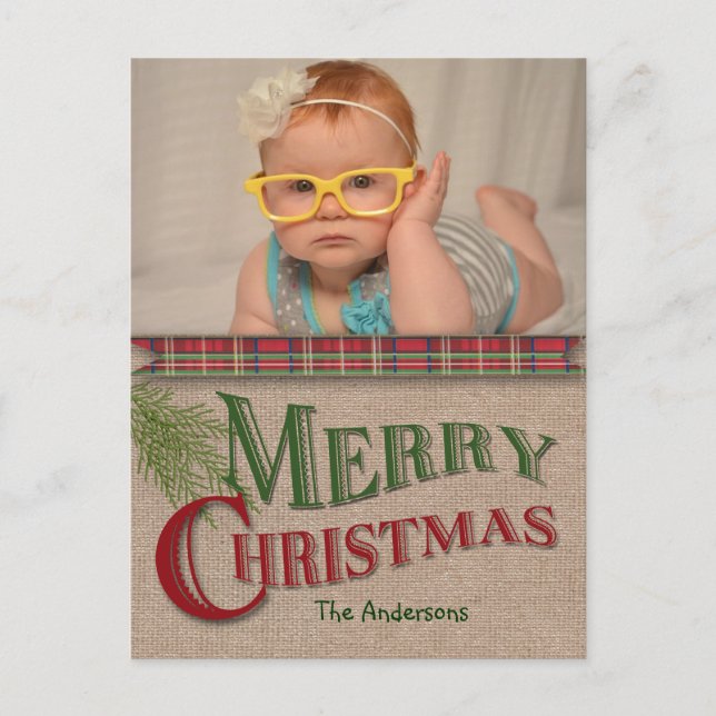 Carte photo de Noël Burlap et Red Plaid (Devant)