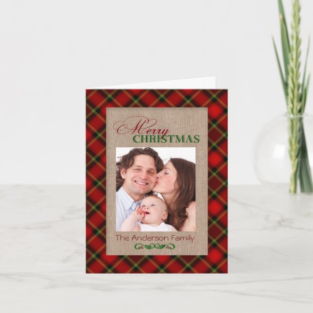 Carte photo de Noël Burlap et Red Plaid (Devant)