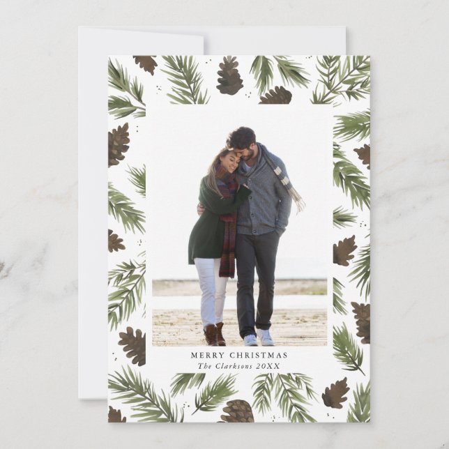 Carte photo de Noël de brins de pin d'aquarelle (Devant)