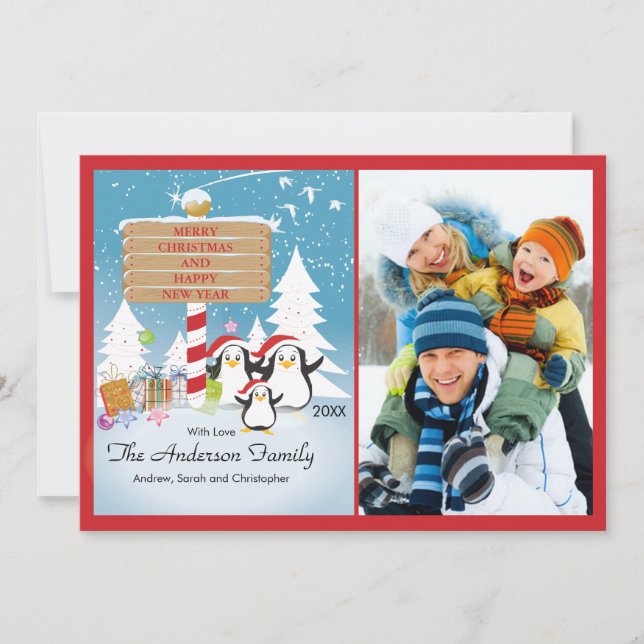 Carte photo de Noël de la famille des pingouins 3 (Devant)