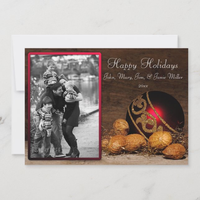 Carte photo de Noël de l'ornement rouge et des noi (Devant)