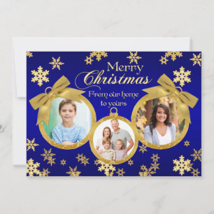Carte photo de Noël des ornements bleu et or
