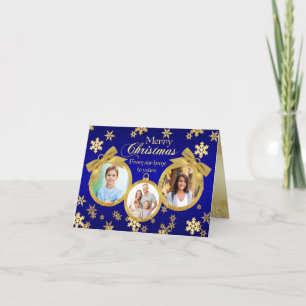 Carte photo de Noël des ornements bleu et or