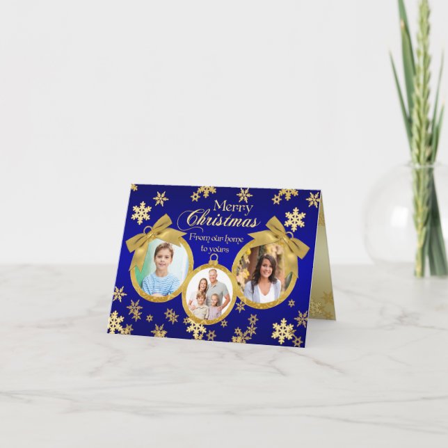 Carte photo de Noël des ornements bleu et or (Devant)