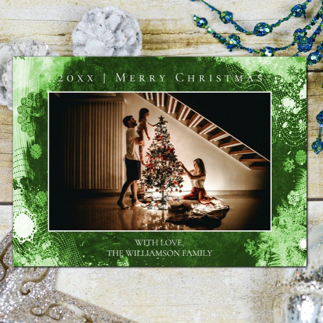 Carte photo de Noël Green Frosted Snowflakes (Green Frosted Snowflakes Christmas Photo Card)