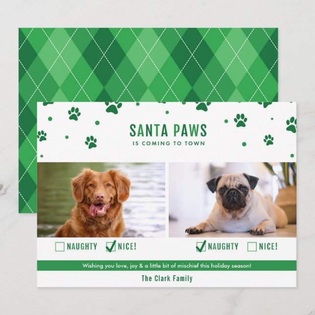 Carte photo de Noël Green Naughty ou Nice Two Dog (Devant / Derrière)
