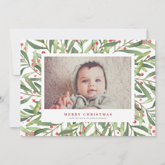Carte photo de Noël Holly Watercolor (Devant)