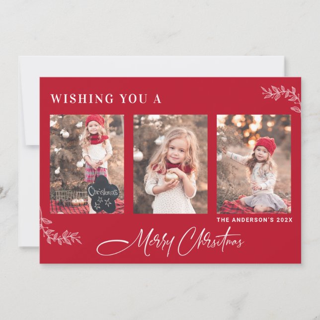 Carte photo de Noël Joyeux Rouge avec Motif Feuill (Devant)