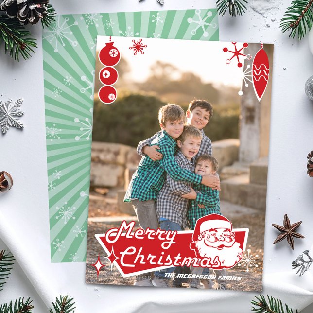 Carte photo de Noël moderne du milieu du siècle (Mid-century Santa "Merry Christmas" flat photocard)