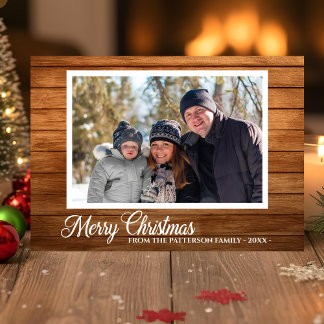 Carte Photo de Noël Nom de famille Rustic Wood 2 Côté