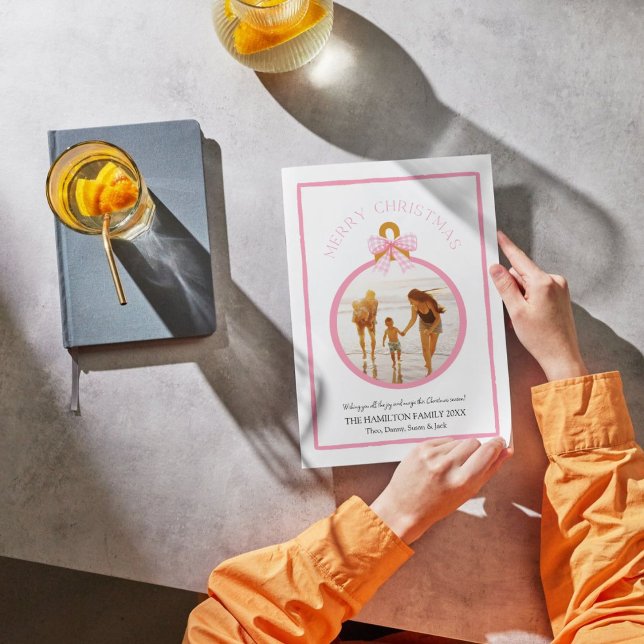 Carte photo de Noël Pink Gingham Bow Coquette (Créateur téléchargé)