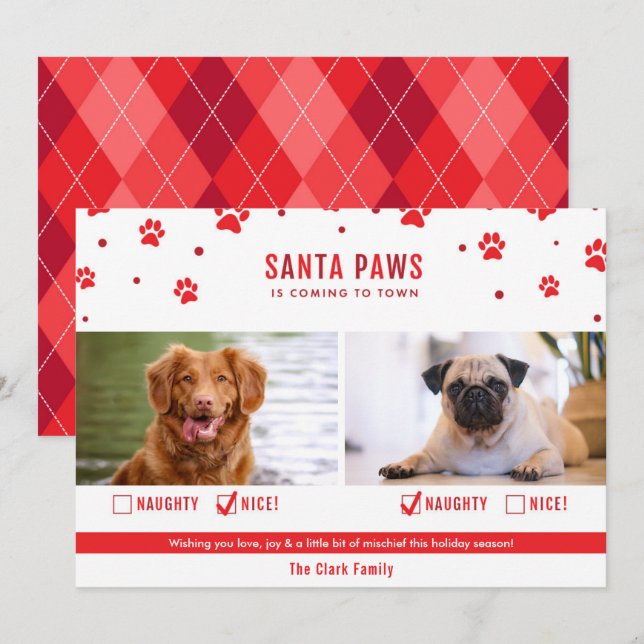 Carte photo de Noël Red Naughty ou Nice Two Dog (Devant / Derrière)