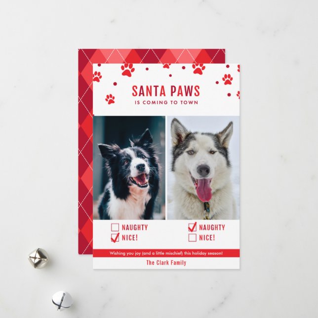 Carte photo de Noël Red Naughty ou Nice Two Dog (Devant/Arrière en situation)
