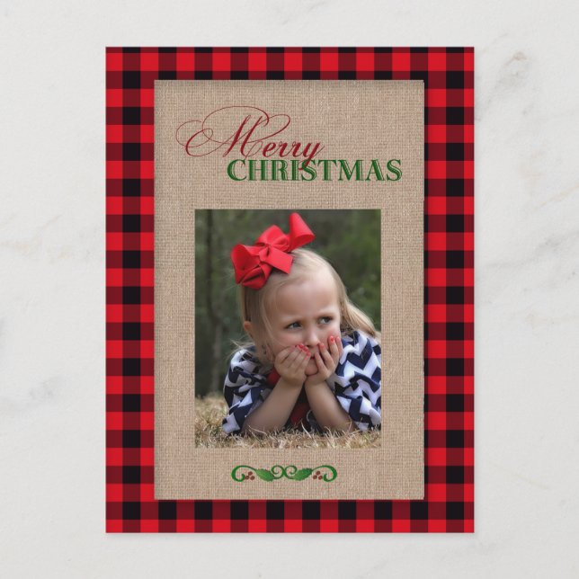 Carte photo de Noël Red Plaid et Burlap (Devant)