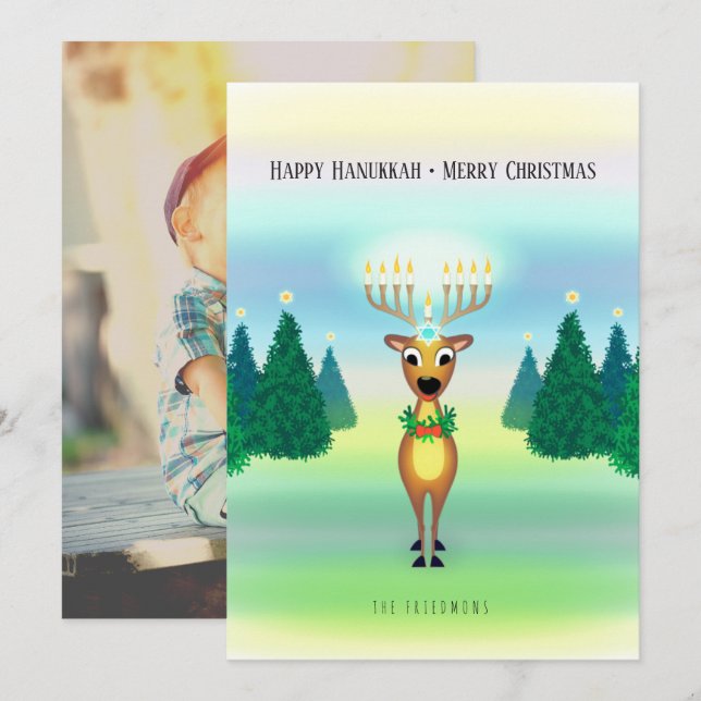 Carte photo de Noël Reindeer Menorah Hanoukka (Devant / Derrière)