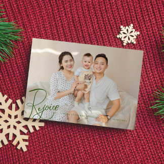 Carte photo de Noël religieuse Rejoice verte