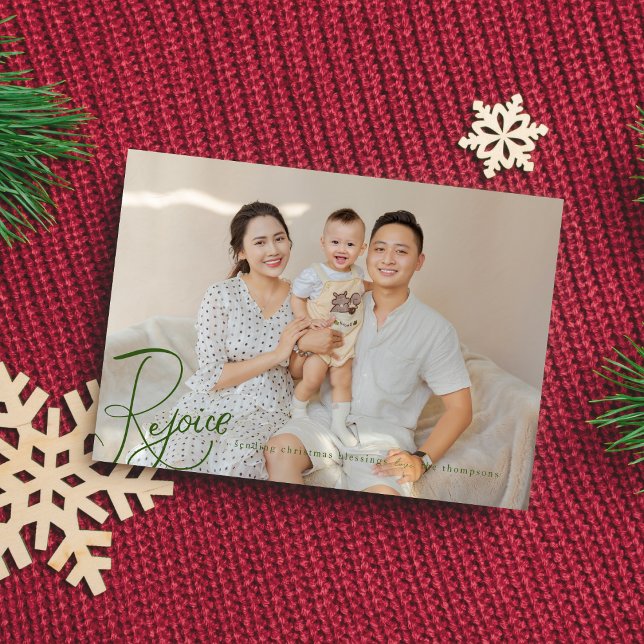 Carte photo de Noël religieuse Rejoice verte (Créateur téléchargé)