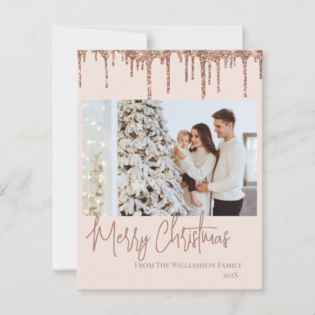 Carte photo de Noël rose Parties scintillant or (Devant)