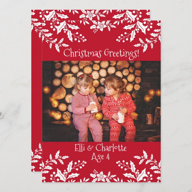 Carte Photo de Noël Rouge, White Holly, Festif (Devant / Derrière)