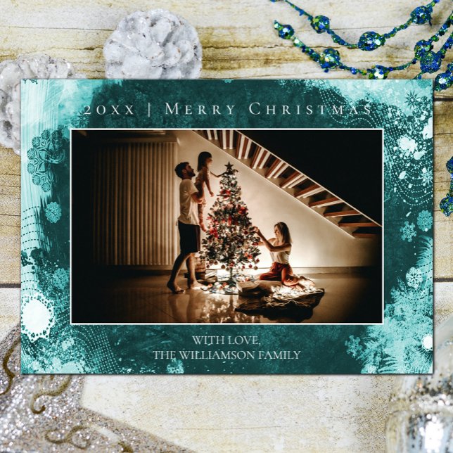 Carte photo de Noël turquoise des flocons de neige (Teal Frosted Snowflakes Christmas Photo Card)