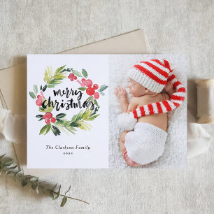Carte photo de Noël Watercolor Holly Wreath