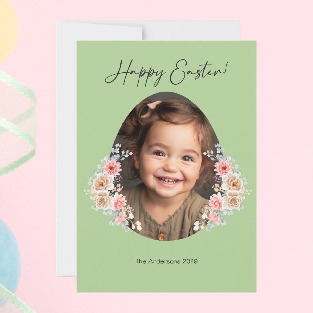 Carte photo de Pâques avec cadre d'Oeuf Floral - V (Easter Photo Card with Floral Egg Frame – Green)