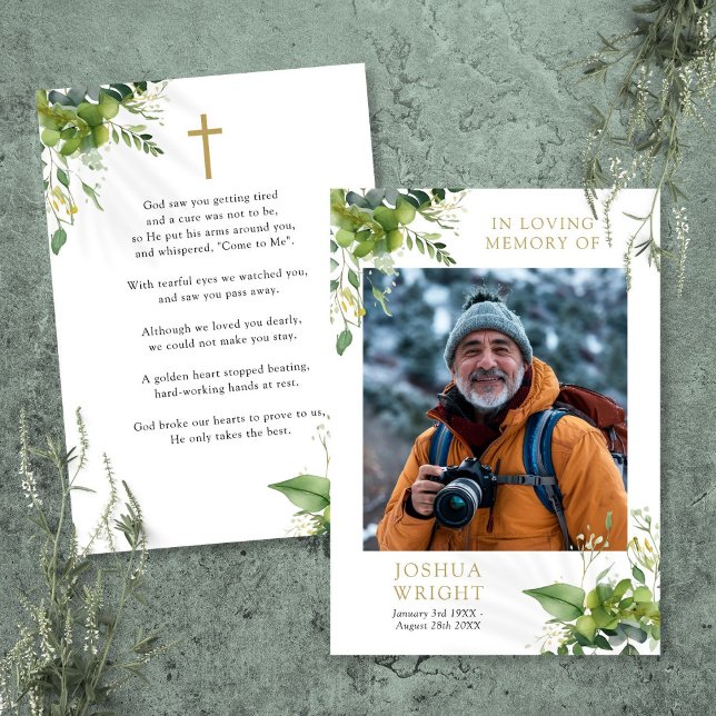 Carte photo de prière funéraire commémorative de v (Greenery Memorial Funeral Prayer Photo Card)