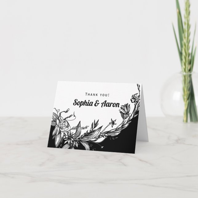 Carte photo de remerciement florale noir et blanc (Devant)