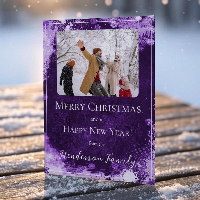 Carte photo de vacances à plat de Snowflakes viole (Purple Snowflakes Flat Holiday Photo Card)