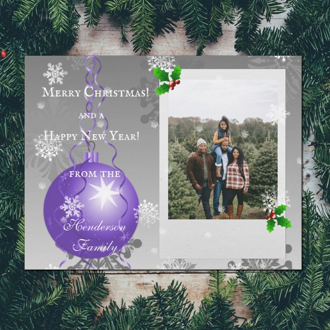 Carte photo de vacances de Noël Fancy violet (Purple Fancy Christmas Ornament Holiday Photo Card)