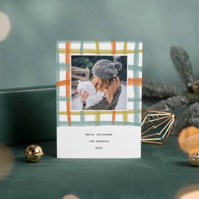 Carte photo de vacances en classe | C (Watercolor painted classroom plaid photo Christmas card.)