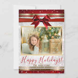 Carte photo de vacances Red Bow Gold White Sparkle