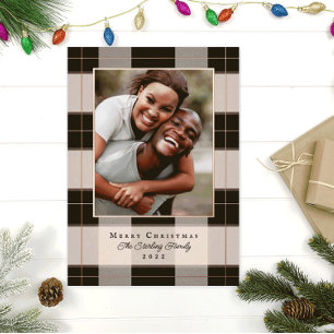 Carte photo de vacances rose Gold & Black Plaid Fo