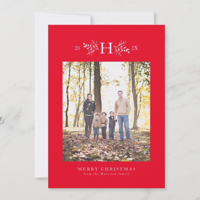 Carte photo de vacances rustique monogramme rouge (Devant)