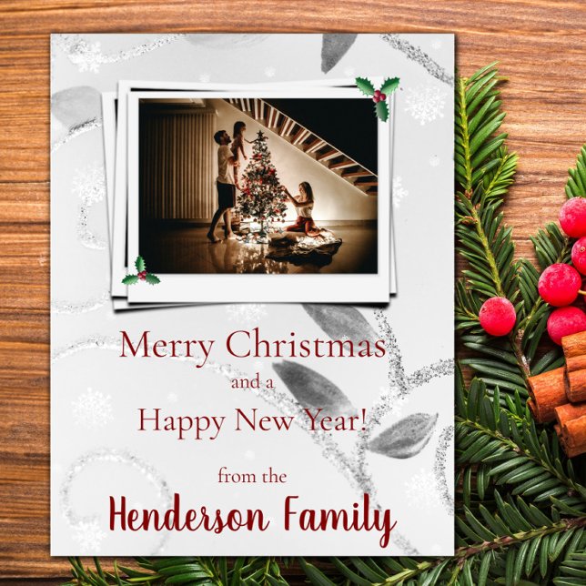 Carte photo de vacances Silver Feuille (Silver Leaves Flat Holiday Photo Card)