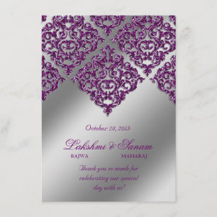 Carte photo d'invitation Damask argenté violet sci