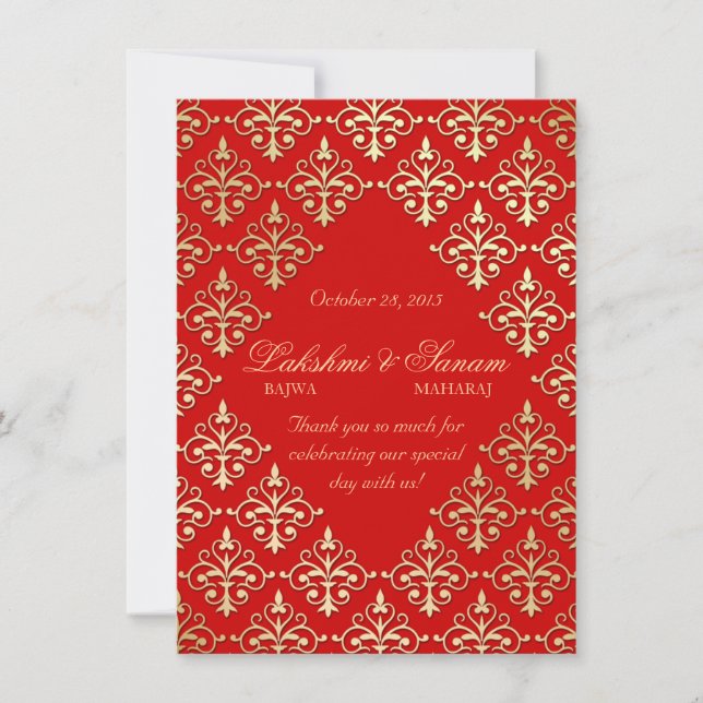 Carte photo d'invitation indienne Damask Rouge Or (Devant)