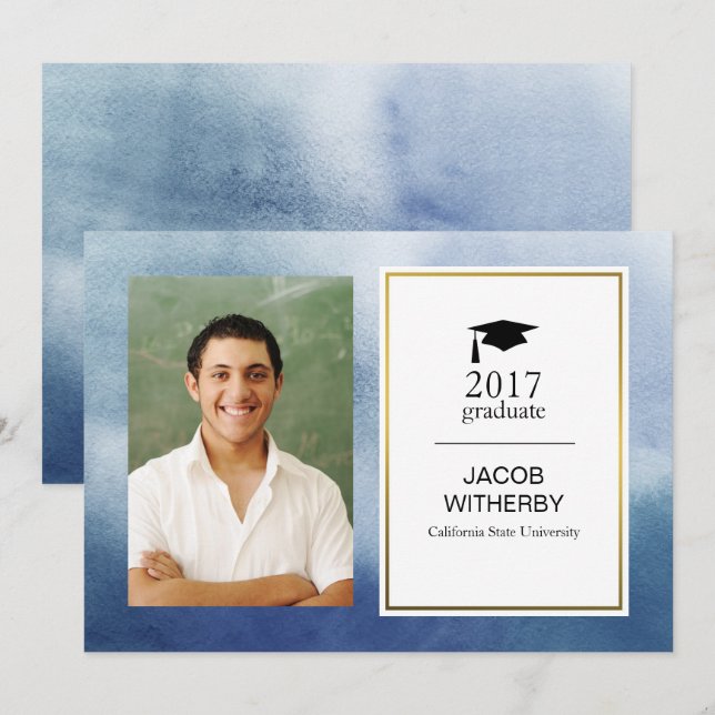 Carte photo diplômé en aquarelle bleue (Devant / Derrière)