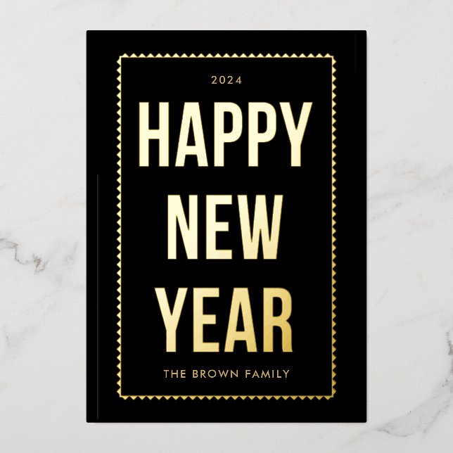 Carte photo du Nouvel An Golden Happy sur Noir (Recto)