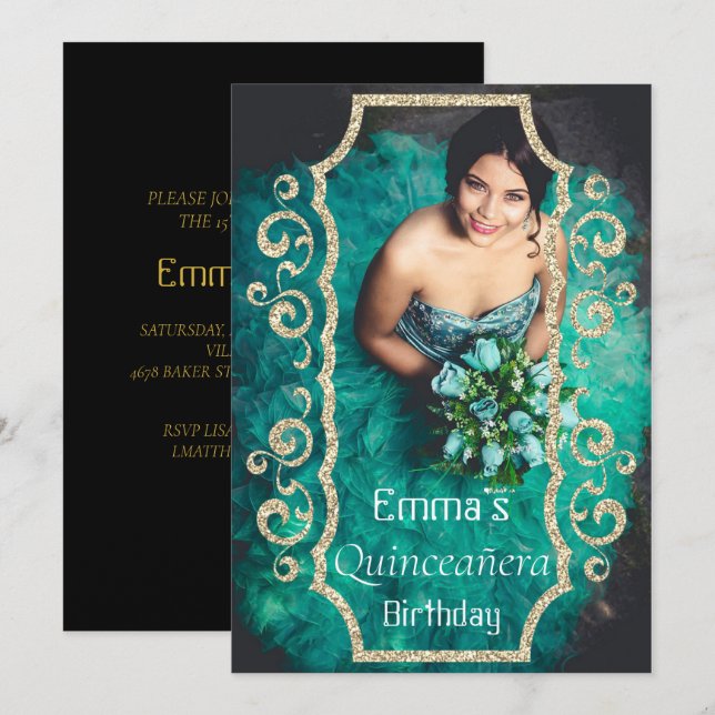 Carte Photo Elégante Black Gold Quinceañera Anniversaire (Devant / Derrière)