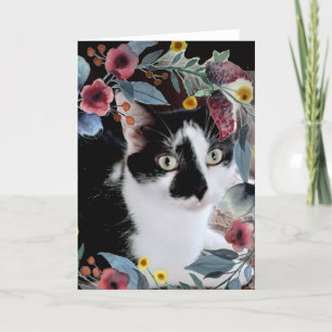 Carte Photo en chat noir blanc Tuxedo avec fleurs