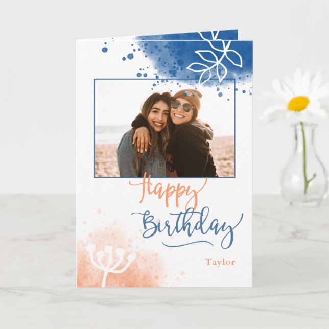 Carte Photo et nom personnalisés Anniversaire Aquarelle (Petite plante)