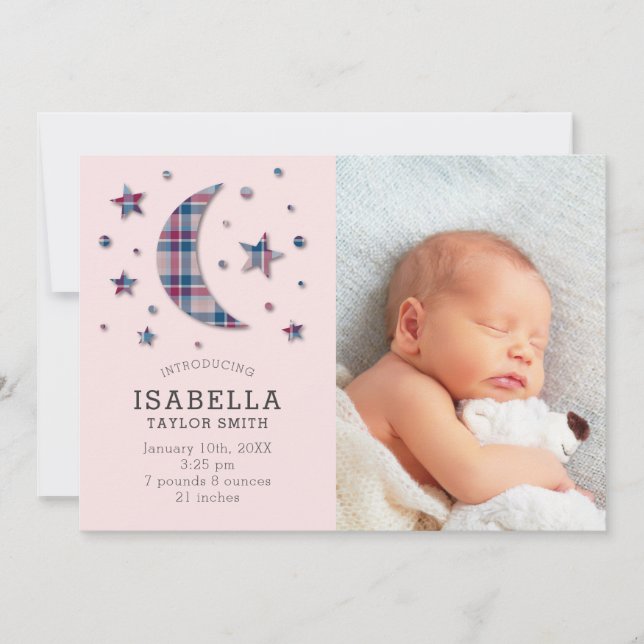 Carte photo faire-part de naissance | Étoiles Lune (Devant)