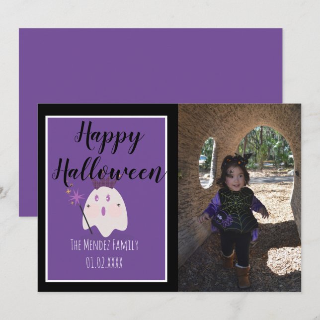 Carte photo fantôme violet magique d'Halloween (Devant / Derrière)